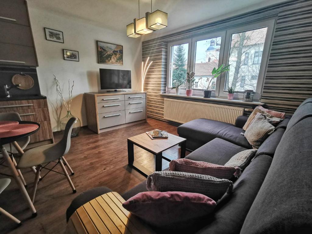 ein Wohnzimmer mit einem Sofa und einem Tisch in der Unterkunft Apartament W SERCU USTRONIA in Ustroń