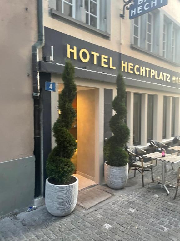 two potted trees sitting in front of a hotel at Hechtplatz Hotel - Self Check-in in Zurich