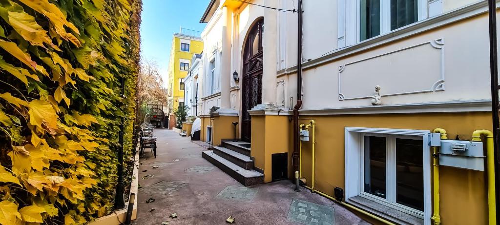 an alley in a city with yellow leaves on a building at 5 Stars High Hostel in Bucharest