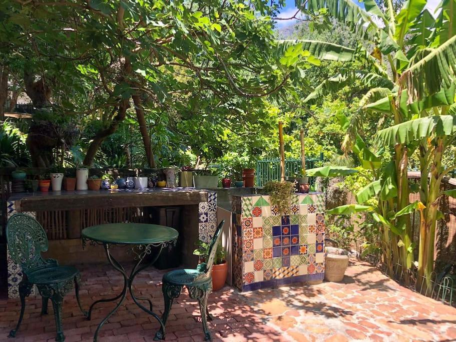 une terrasse avec une table, des chaises et des arbres dans l'établissement Fig Tree Cottage Close to Sea and Shops, à Hout Bay