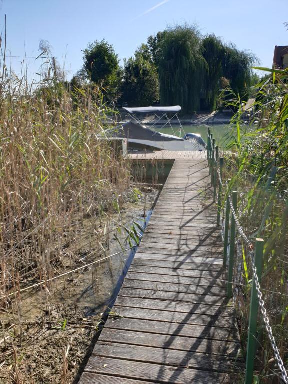 a wooden boardwalk leading to a boat on a lake at Beach Club Apartman in Mosonmagyaróvár