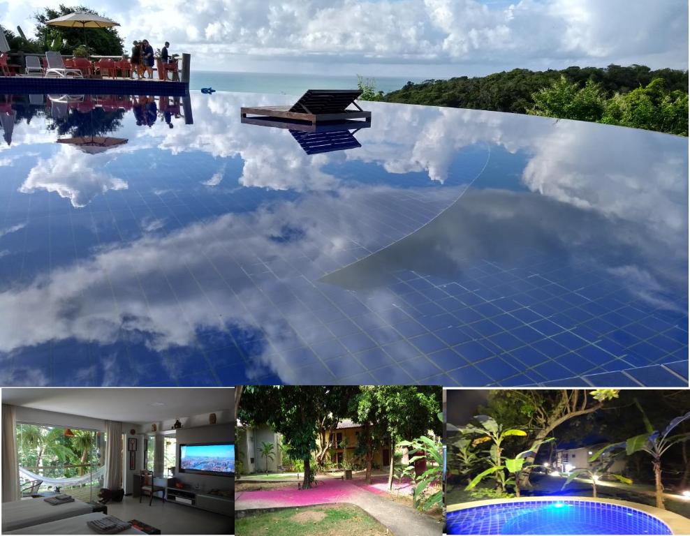 a collage of photos with a house and a solar pool at Bangalô no alto da colina no Villas do Pratagy - Maceió in Maceió