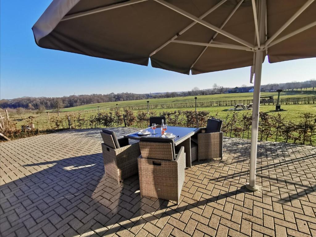 een tafel en stoelen onder een parasol op een patio bij ’t Appelke - Hof van Libeek in het heuvelland in Sint Geertruid