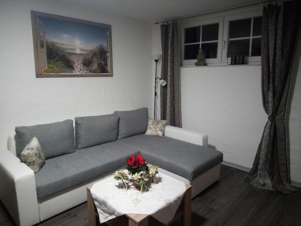 a living room with a couch and a table at Moderne Ferienwohnung bis 4 Personen in Ronneburg