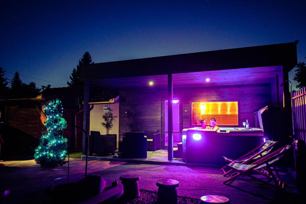 ティサケーチケにあるVarga Vendégházのクリスマスツリーと紫色の灯りを持つ家