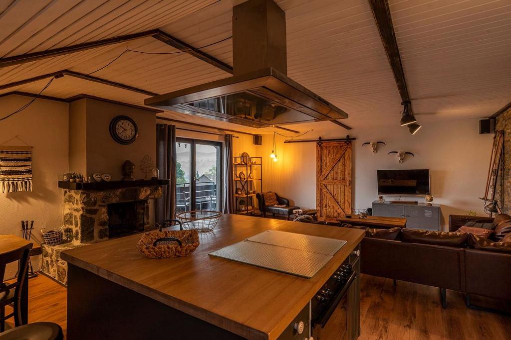 a kitchen and living room with a stove top oven at Haus Konthé, appartement in Winterberg
