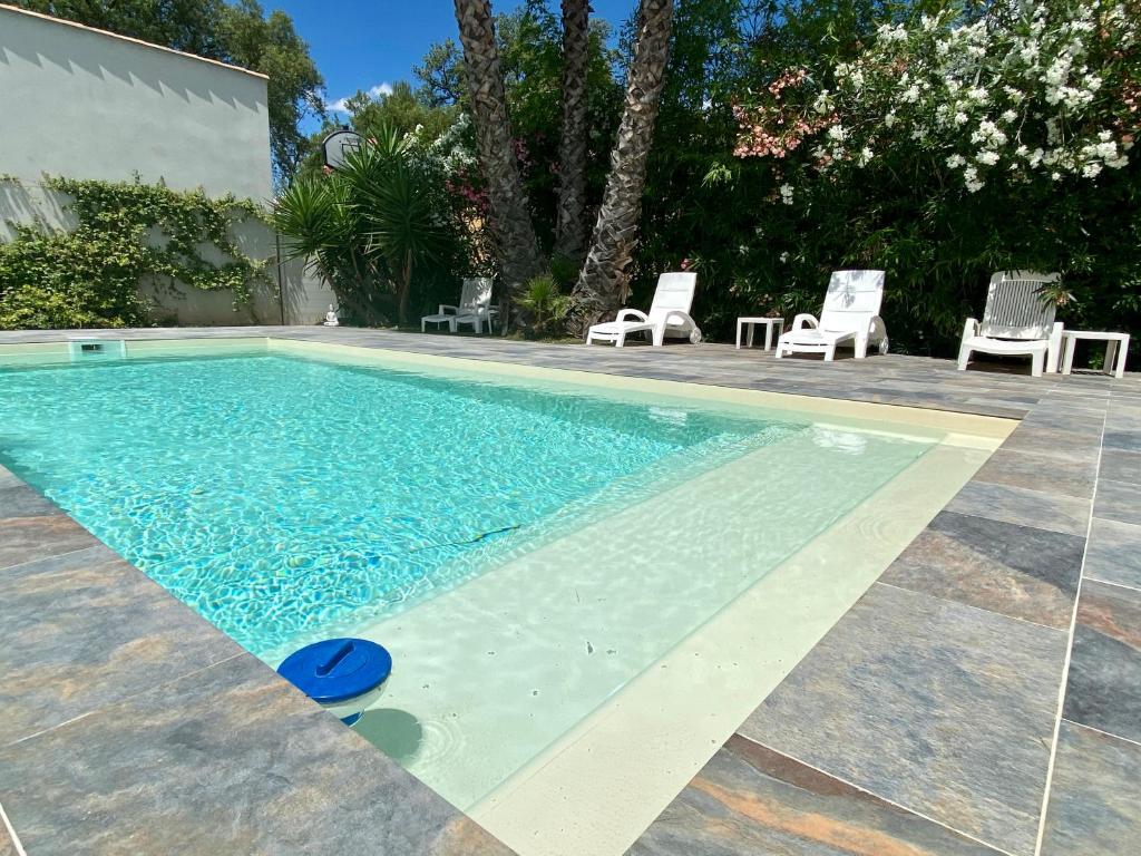 ピュジェ・シュル・アルジャンにあるLe Mas du Bijou Bleuの芝生の椅子2脚とプールが備わるスイミングプールを併設しています。