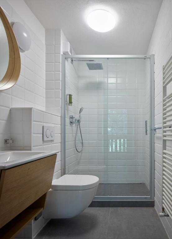 uma casa de banho com um chuveiro, um WC e um lavatório. em Casa Sauris em Sauris