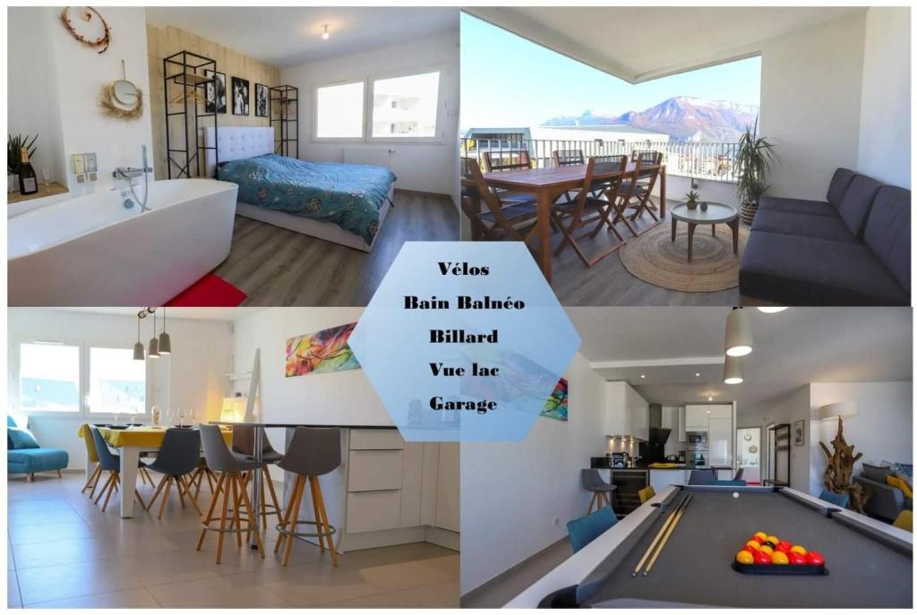 un collage de quatre photos d'une pièce dans l'établissement Lovely Break Annecy, à Annecy
