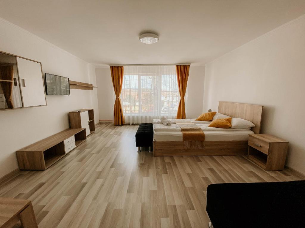 a bedroom with a bed and a large window at Paula Apartment & Rooms in Oradea