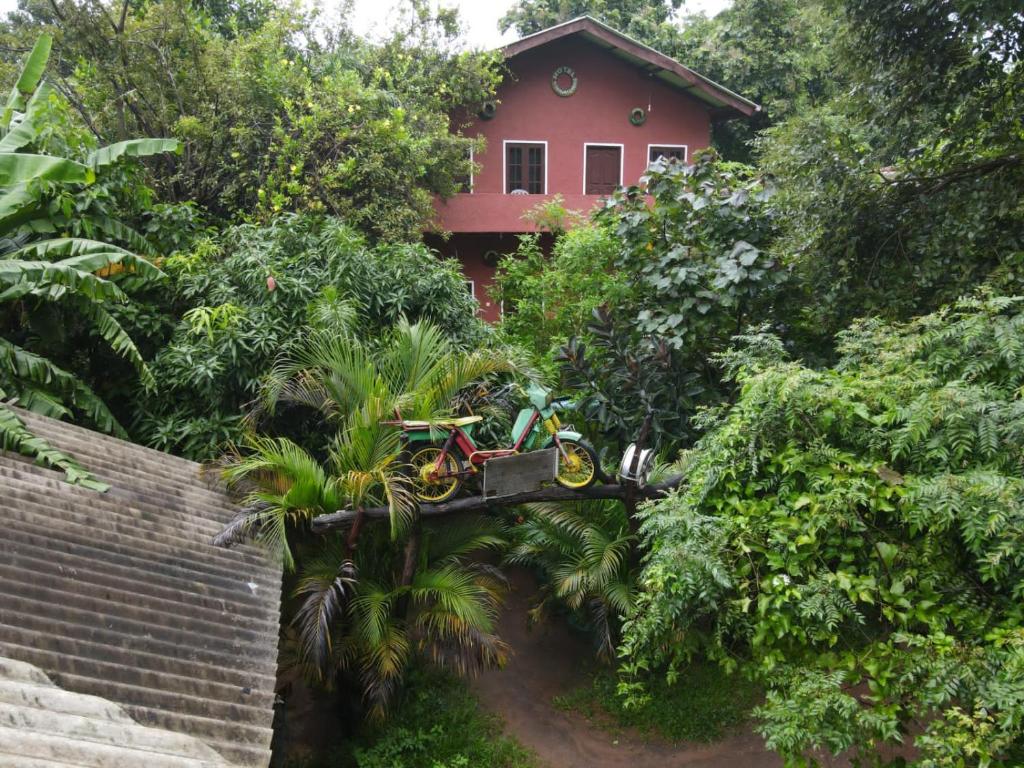 a house in the jungle with a motorcycle in front of it at Hotel Hideaway Garage in Dambulla