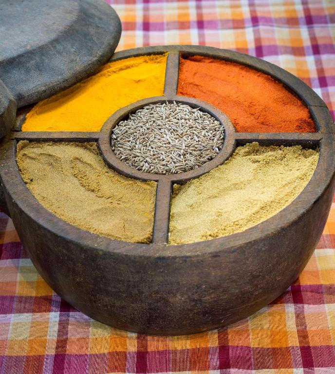a bowl full of spices on a table at The Raintree, St. Mary’s Road in Chennai