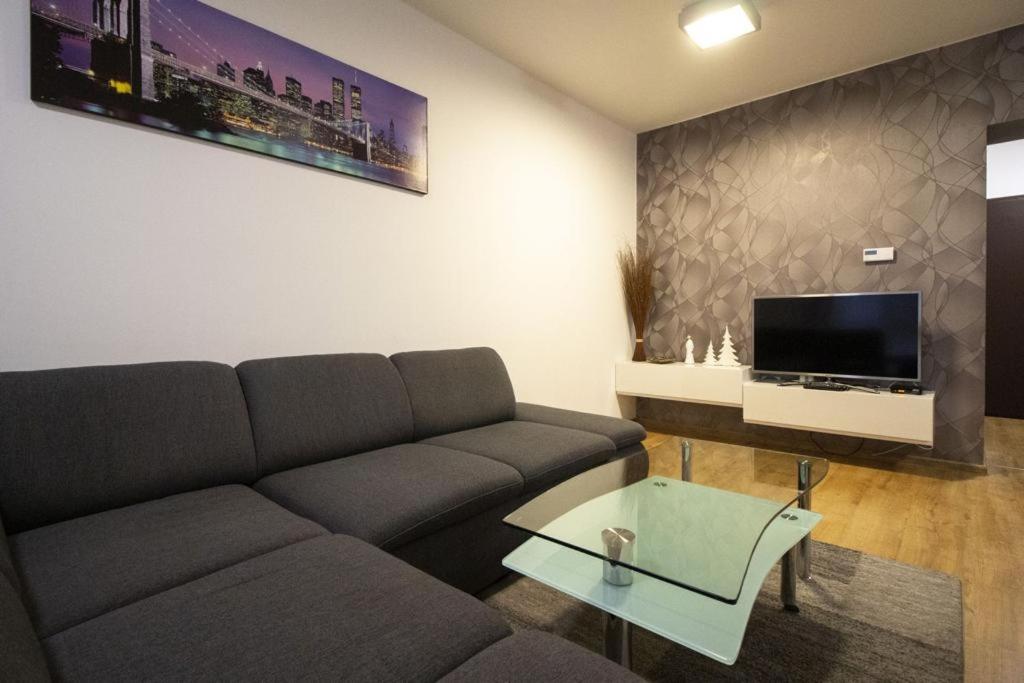 a living room with a couch and a tv at Apartman Adam in Veľký Slavkov