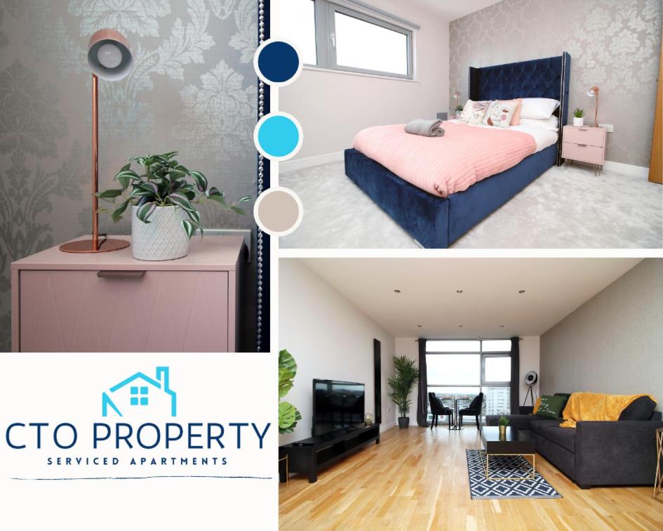 two pictures of a bedroom with a bed and a living room at The View - LONG STAY OFFER - Modern Central Apartment and Parking by CTO Serviced Apartments in Cardiff