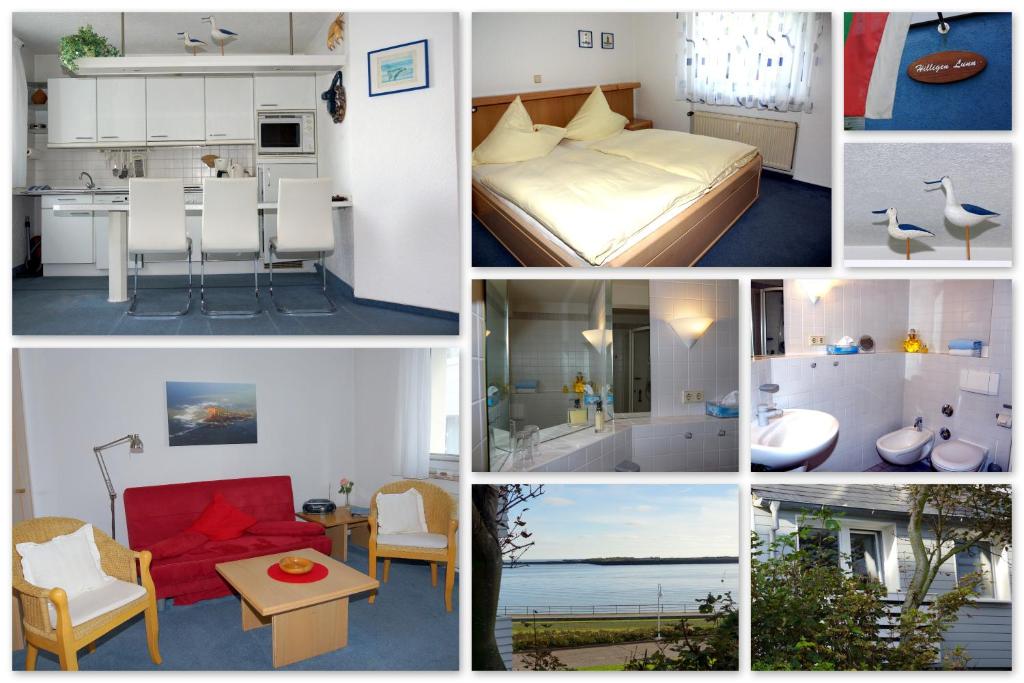 a collage of photos of a hotel room at Haus Hilligen Lunn in Helgoland