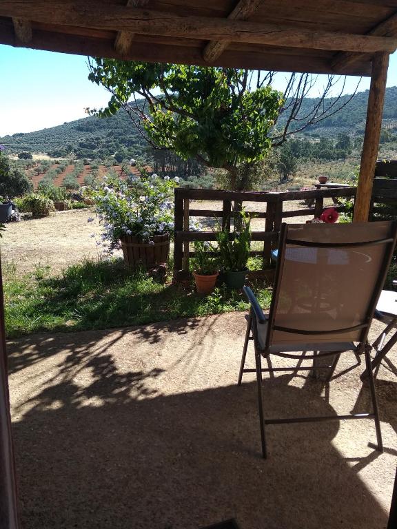 a chair sitting on a patio with a view of a field at La Tierra Verde STUDIO in Alcuéscar