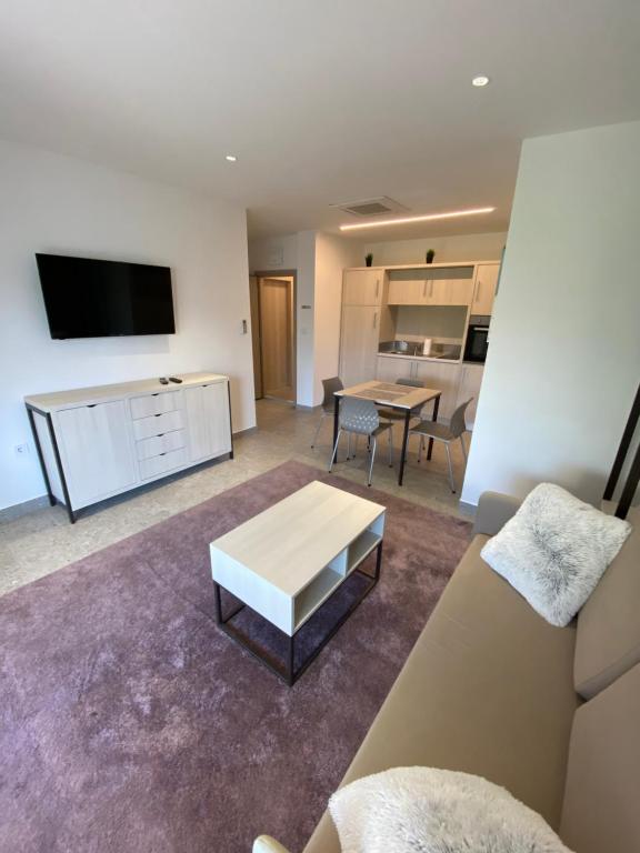 Televízia a/alebo spoločenská miestnosť v ubytovaní Apartmani Kumenat