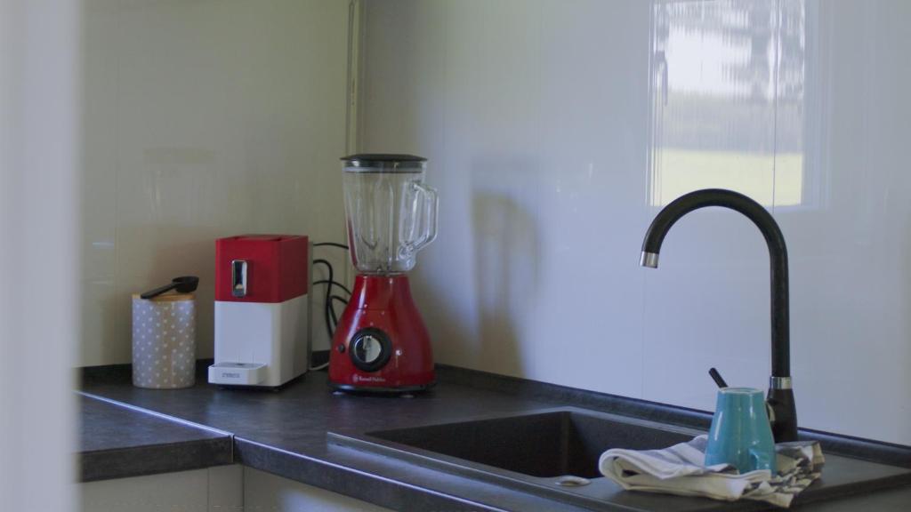 a kitchen counter with a red blender next to a sink at Tiny House am Wald in Krina