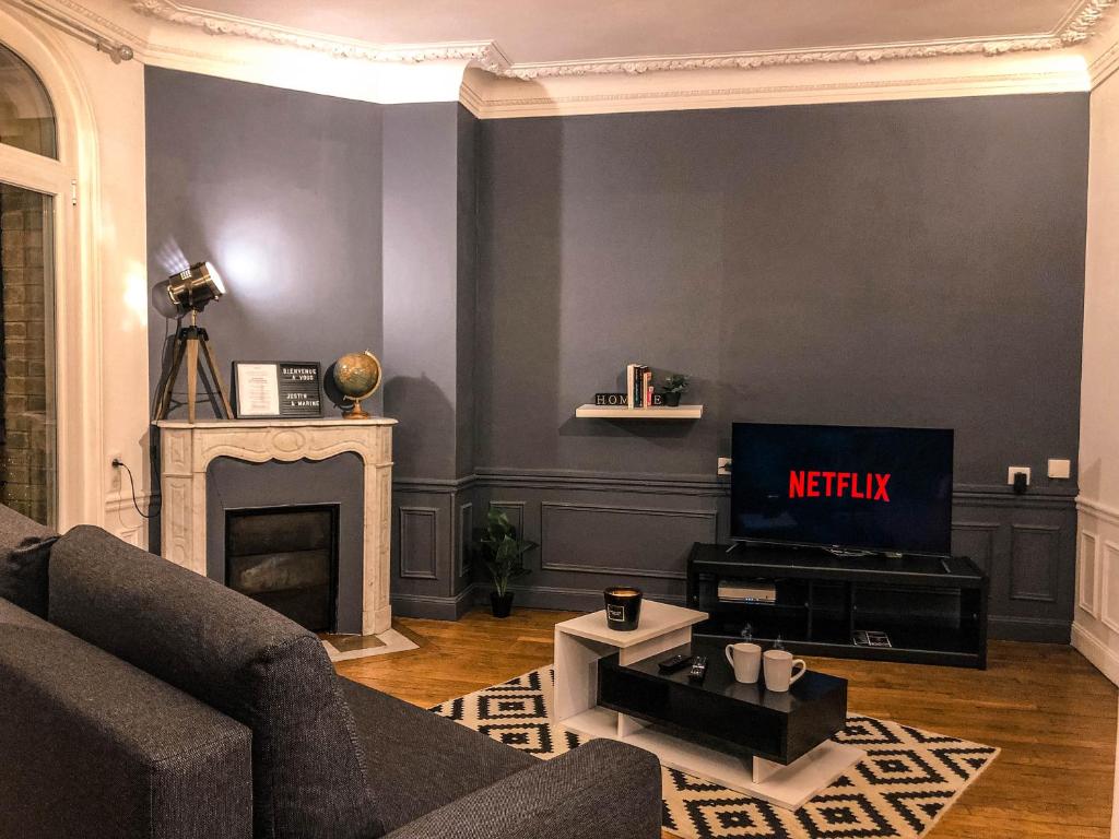 a living room with a couch and a tv at Le Lion d'Or - Appartement d'Exception - Hyper-Centre in Arras