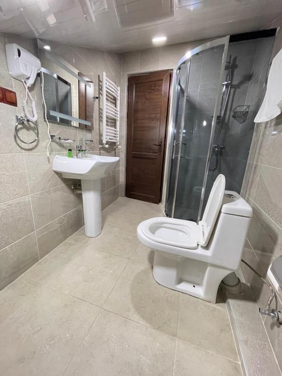a bathroom with a toilet and a sink and a shower at Hotel Elite House in Mestia