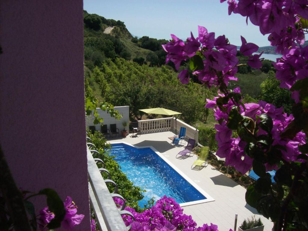 vistas a una piscina con flores púrpuras en Villa Roza, en Trogir