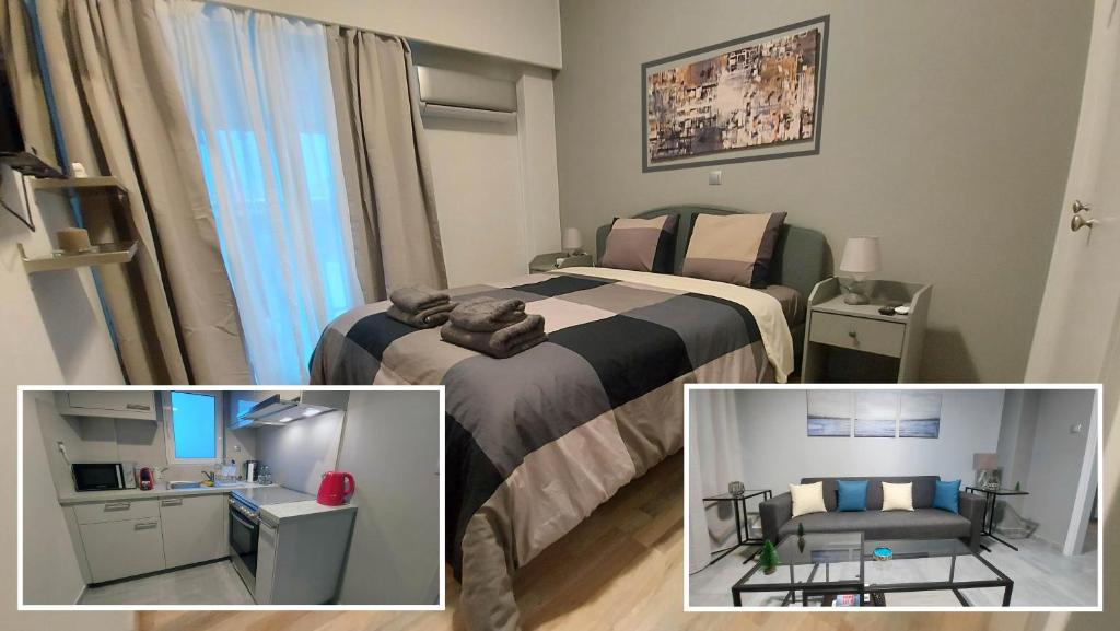 two pictures of a bedroom with a bed and a chair at METROPOLITAN MACVIEW-4 ΔΙΑΜΕΡΙΣΜΑ in Piraeus