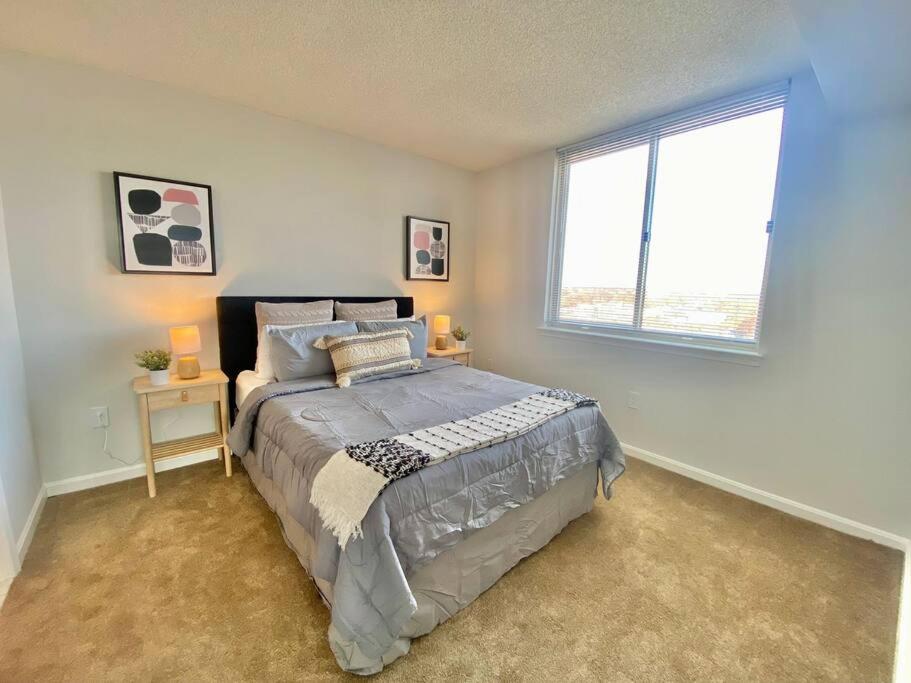 Un dormitorio con una cama grande y una ventana en Gorgeous 2 BR Bedroom Condo At Ballston place with gym 2011 en Arlington