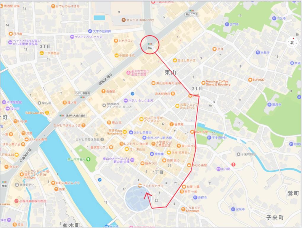 a map of the city of paris with a marker at Minshuku Ginmatsu in Kanazawa