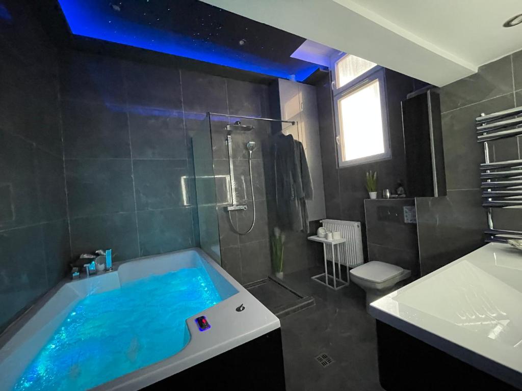 a bathroom with a blue tub and a shower at Hostel Rooms in Debrecen