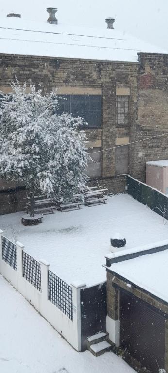 a snow covered building with a tree in front of it at The King's Head Hotel in Keighley