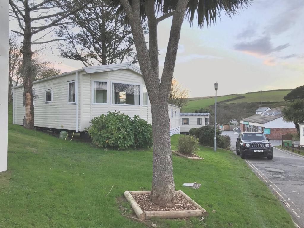 a white caravan parked next to a palm tree at NB12 Entire Caravan - Newquay in Newquay Bay Resort