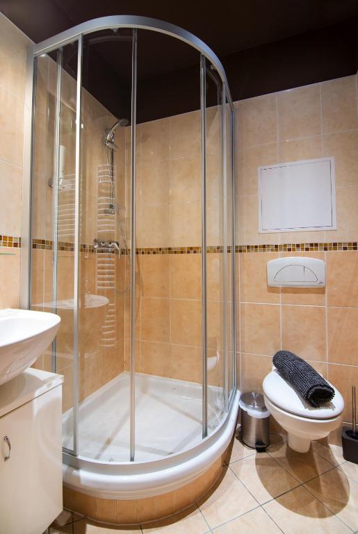 y baño con ducha, aseo y lavamanos. en Pension Půlměsíc, en Jablonec nad Nisou