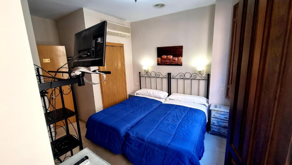a bedroom with a blue bed and a television at Hostal El Olivo in Granada