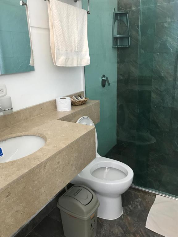 e bagno con servizi igienici, lavandino e doccia. di Hotel Boutique San Rafael a San Sebastián de Mariquita