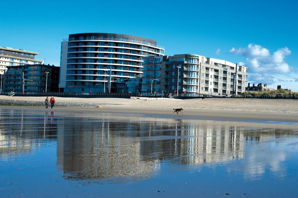 eine Person, die mit einem Hund an einem Strand mit Gebäuden spazieren geht in der Unterkunft Vayamundo Oostende in Ostende