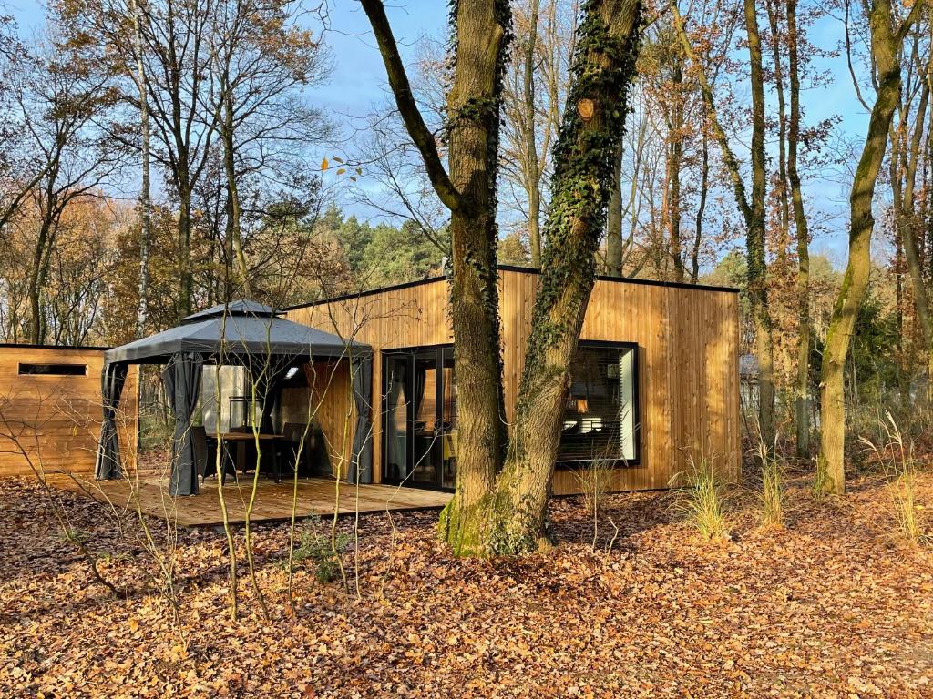 uma casa com um telhado preto na floresta em Sweet Valley Madeleine em Zutendaal