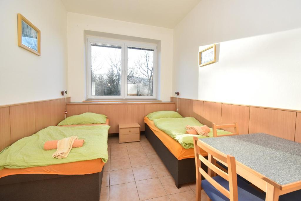 a room with two beds and a table and a window at Apartmány Marie a Tereza in Benešov nad Černou