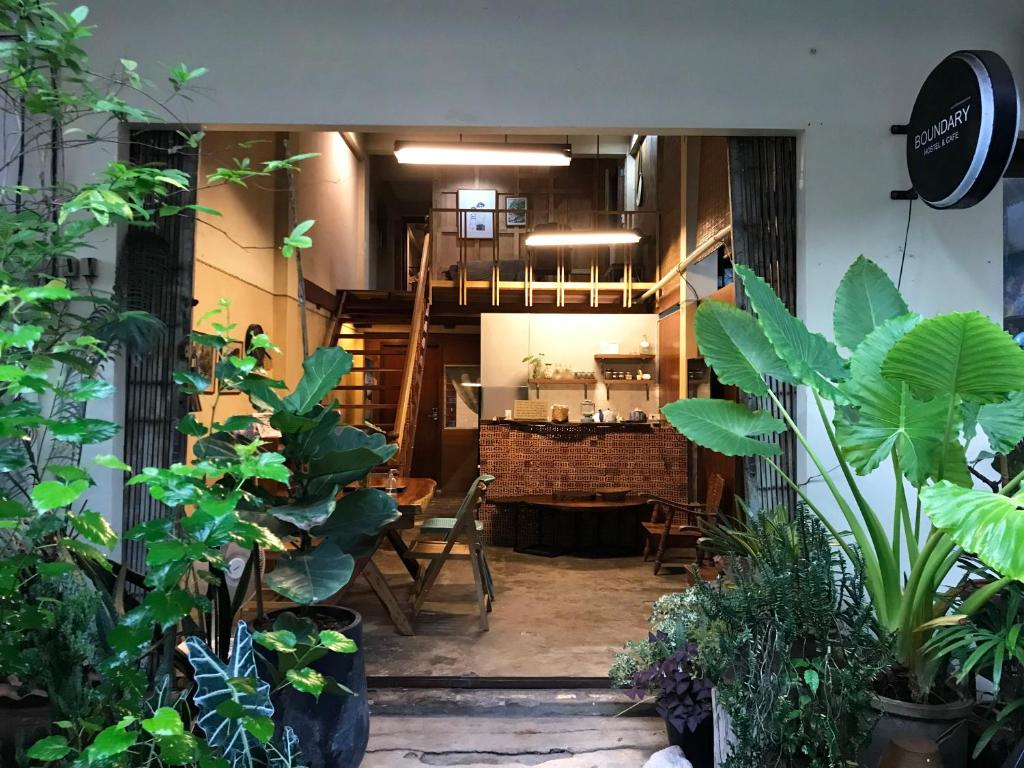 a room filled with lots of plants at Boundary Hostel and Cafe in Suratthani