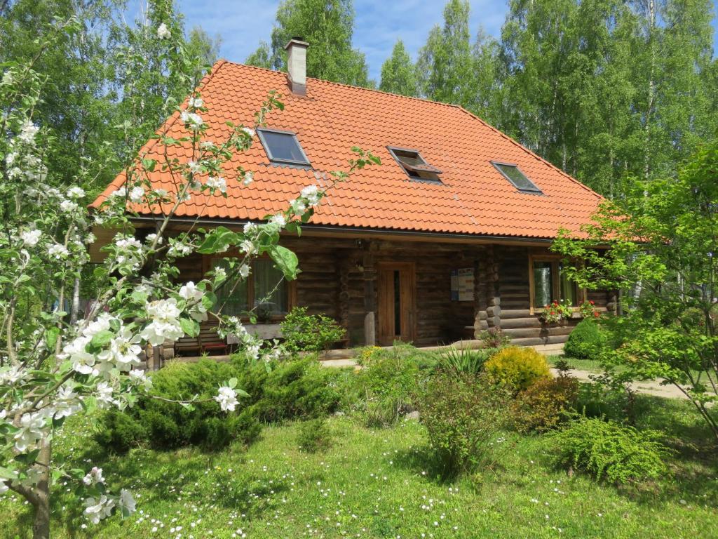a log cabin with an orange roof at Guest House Lēveri in Valgalciems