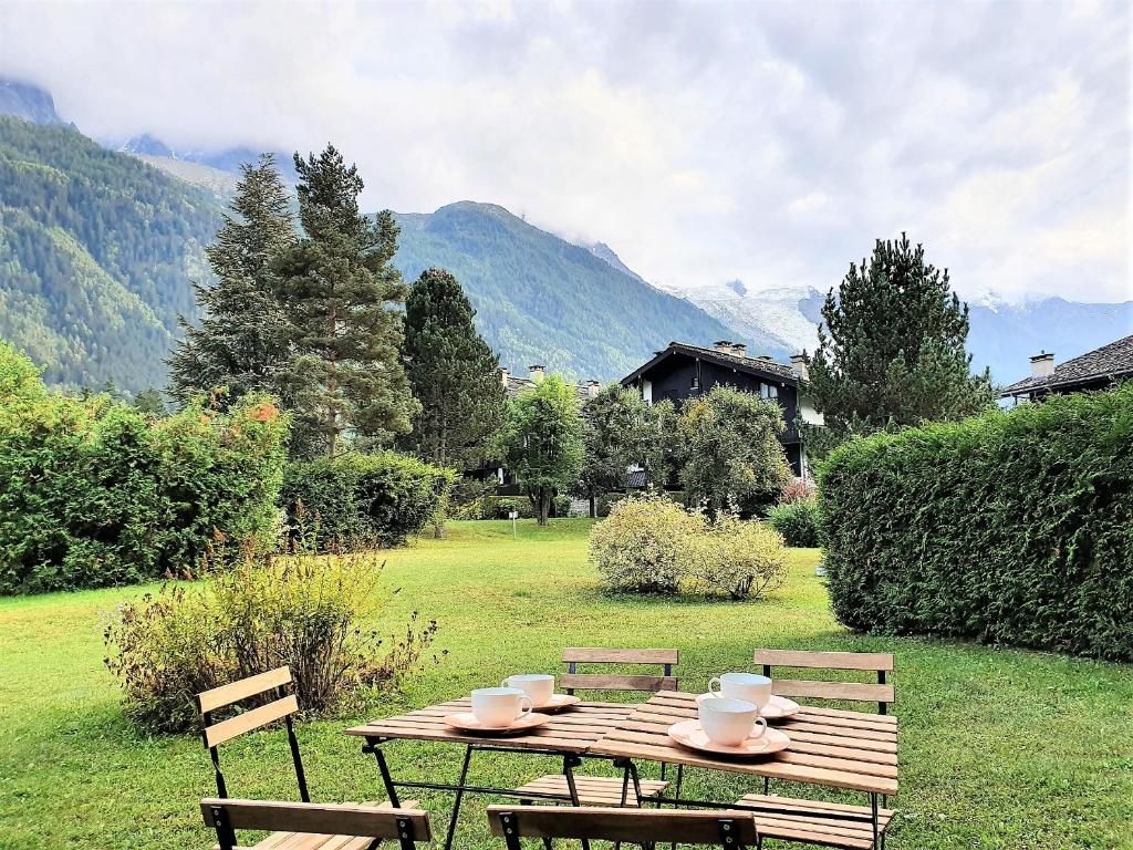 - une table de pique-nique en bois avec des chaises et des montagnes en arrière-plan dans l'établissement Chamonix Appartement Vue Mont Blanc avec Jardin, à Chamonix-Mont-Blanc