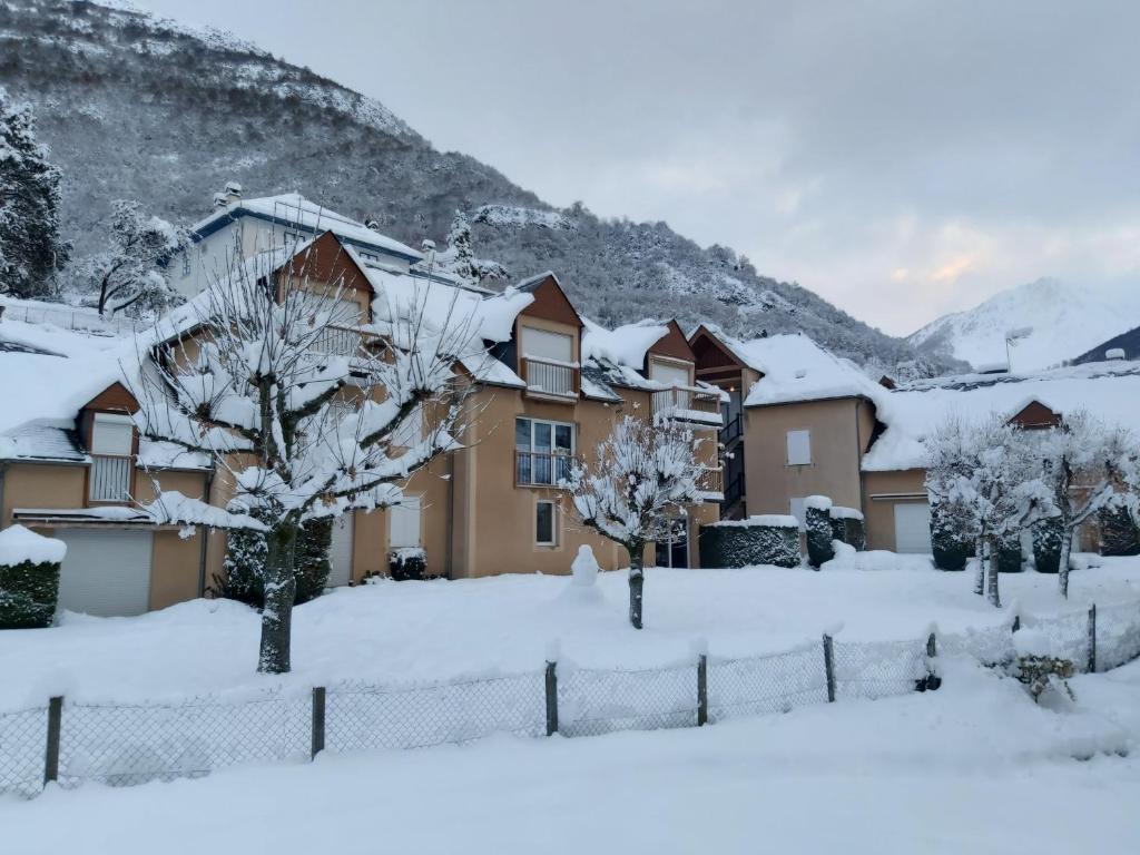 a house covered in snow with trees in the yard at Luz St Sauveur, Appartement 3 personnes, vue montagne, exposé sud, Résidence très calme in Luz-Saint-Sauveur