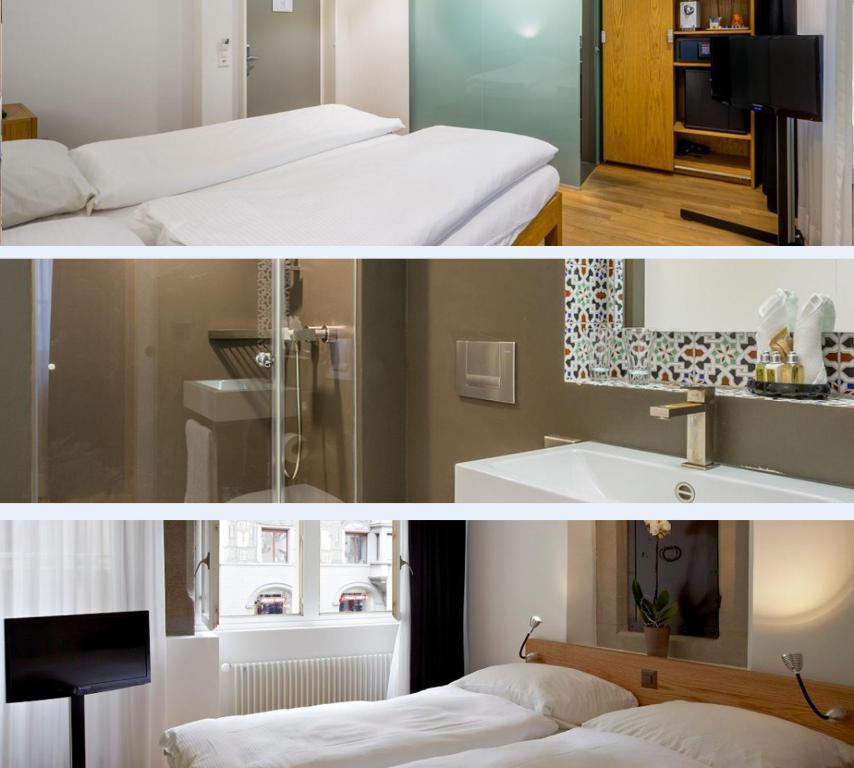 two pictures of a room with two beds and a sink at Hotel Lestelle - self check-in in Luzern