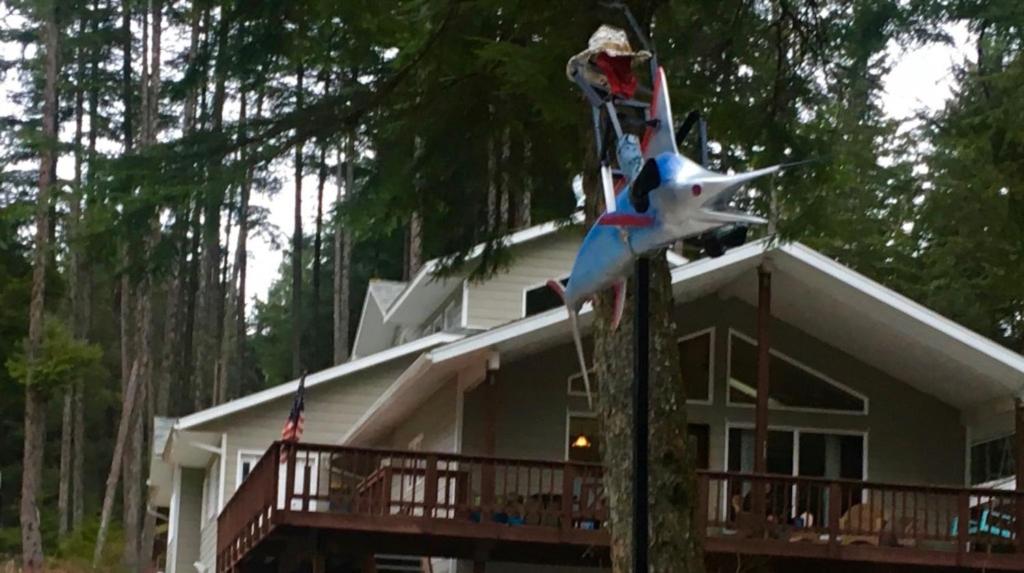 a statue of a shark on a pole in front of a house at Biker's Bungalow - Near Mendenhall Glacier and Auke Bay Offering DISCOUNT ON TOURS! in Mendenhaven