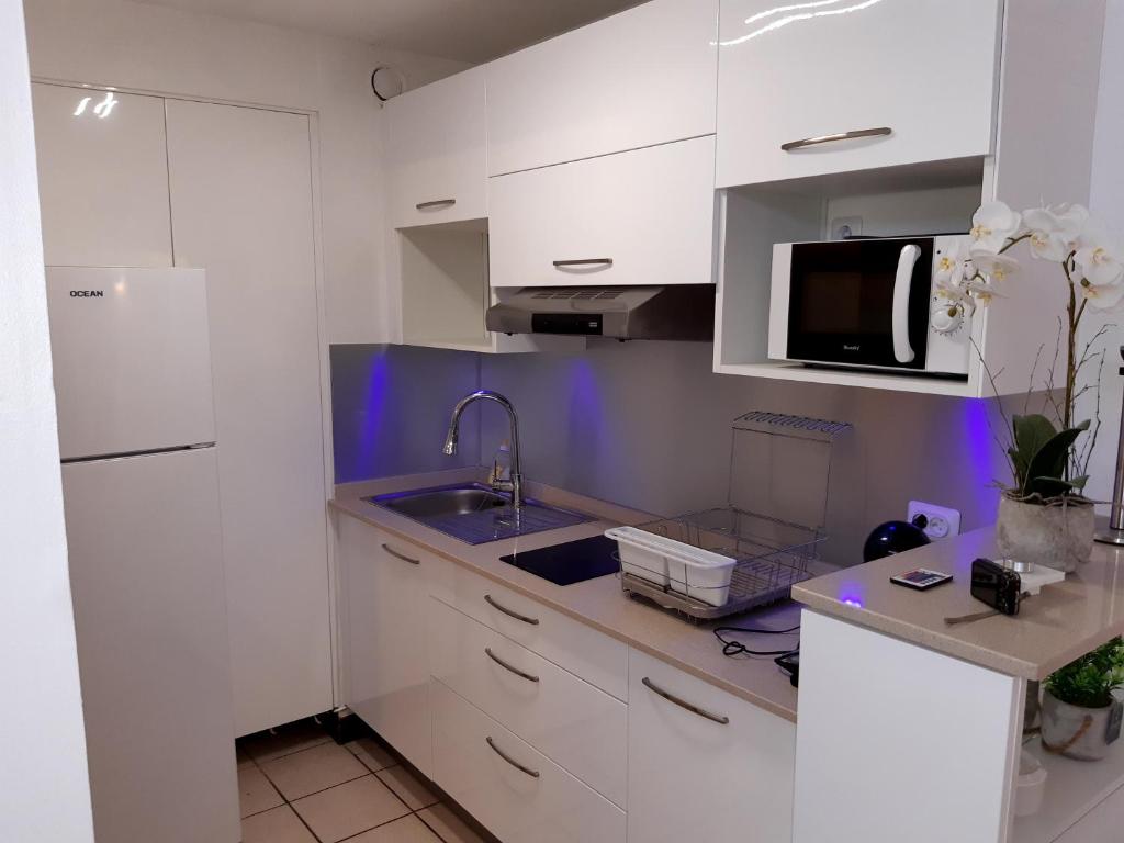 Kuchyň nebo kuchyňský kout v ubytování Studio Climatisé - Piscine-Plage - 2 à 3 personnes