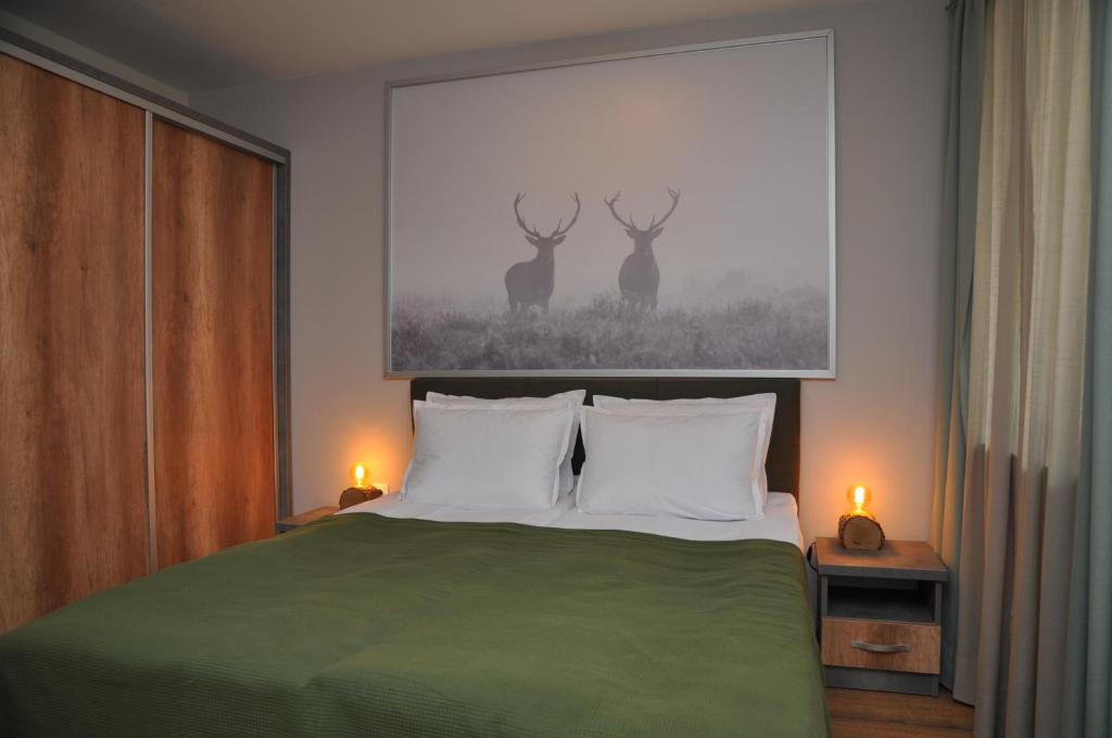 a bedroom with a bed with two deer paintings on the wall at Hashtag Studio Borovets in Borovets