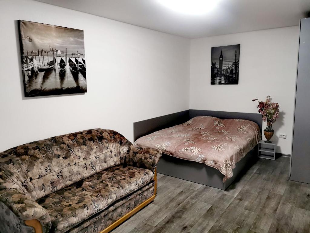 ドニプロにあるКвартира на проспекте Поля 127のリビングルーム(ソファ、ベッド付)