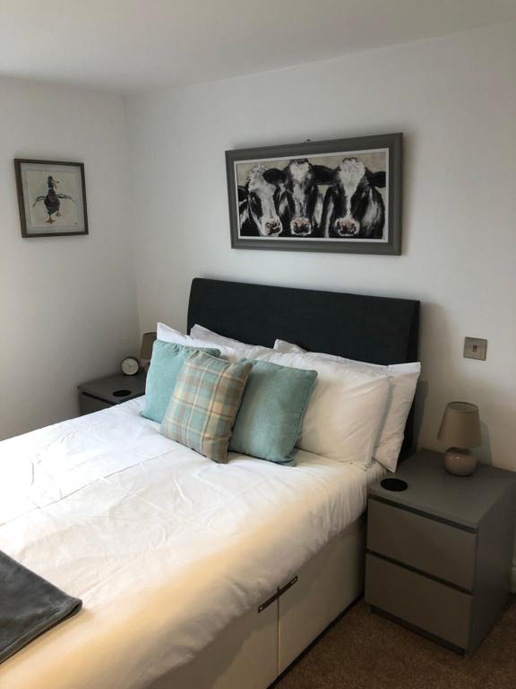 ein Schlafzimmer mit einem großen weißen Bett mit Kissen in der Unterkunft The Prince of Wales Bed and Breakfast in Princetown
