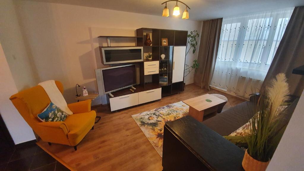 a living room with a couch and a tv at Apartament Coșbuc in Baia Mare