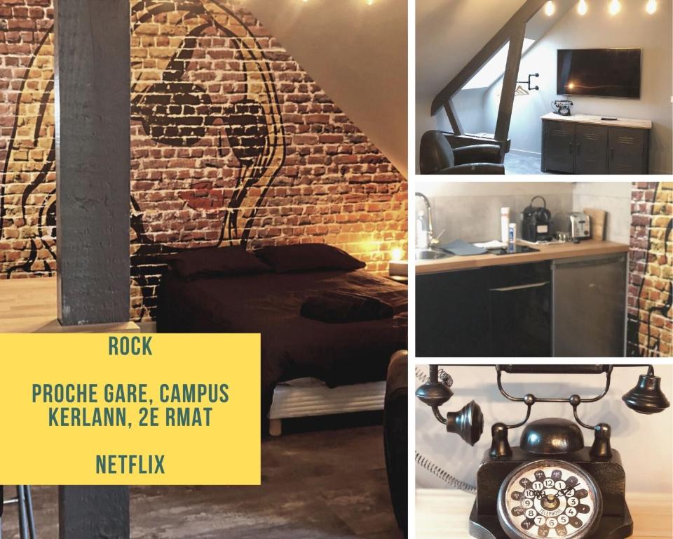 eine Collage mit Bildern eines Zimmers mit Ziegelwand in der Unterkunft Le studio d'Angèle : Blondie in Bruz