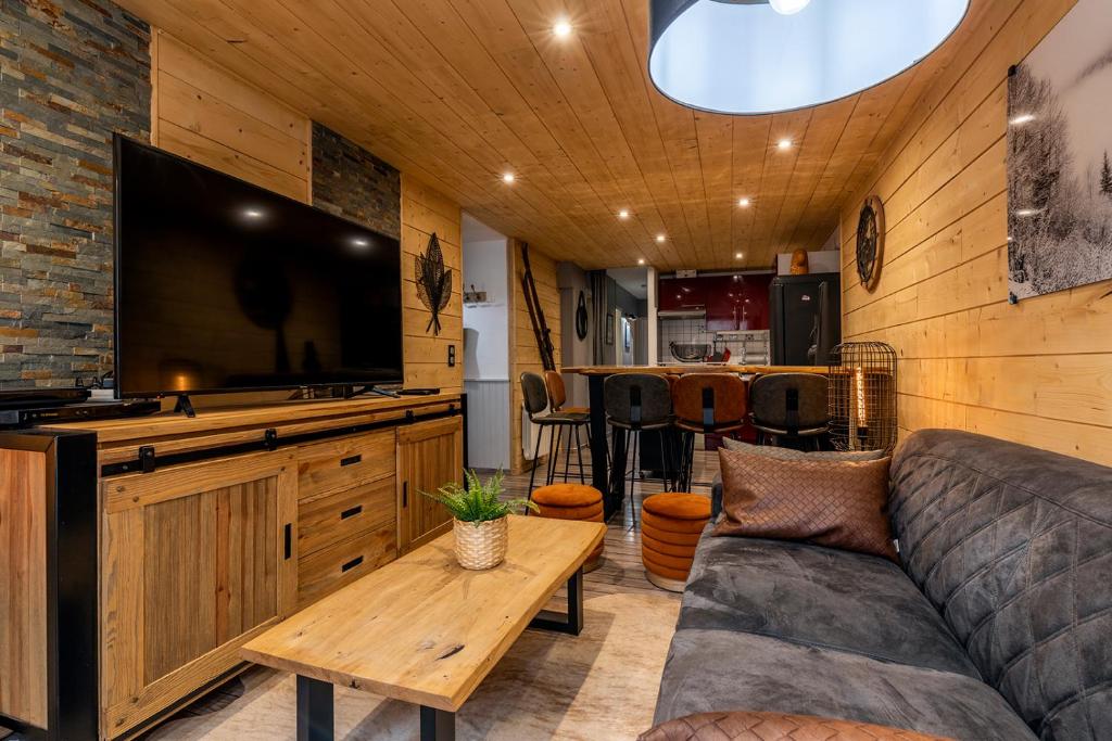 un salon avec un canapé et une télévision à écran plat dans l'établissement APPARTEMENT COSY 2 PLACES DE PARKING WIFI CENTRE VILLE, à Cauterets